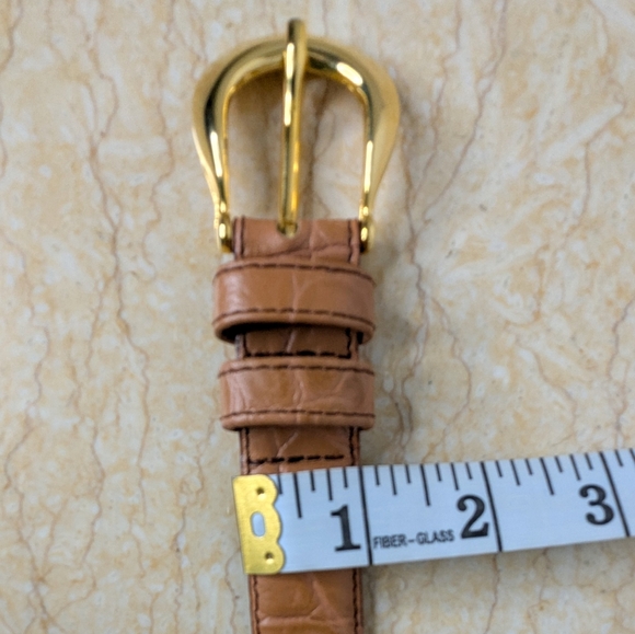 Vintage Lemie Genuine Leather Tan Embossed Gator Italian Belt Gold Tone Buckle - Picture 7 of 14